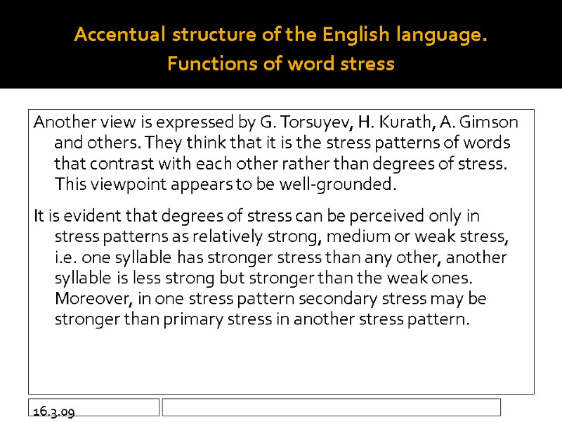 16.3.09 Accentual structure of the English language.  Functions of word stress Another view